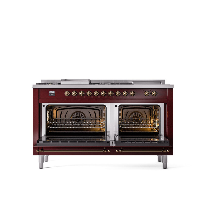 ILVE Nostalgie II 60 in Dual Fuel Range, 7 Burner, Griddle, Frenchtop, Liquid Propane, Burgundy Red/Burnished