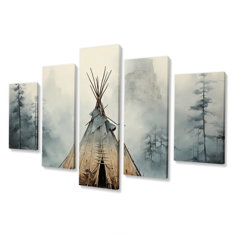 Tipi gris gris chuchotement de l'esprit - Art mural sur toile amérindien - 5 panneaux