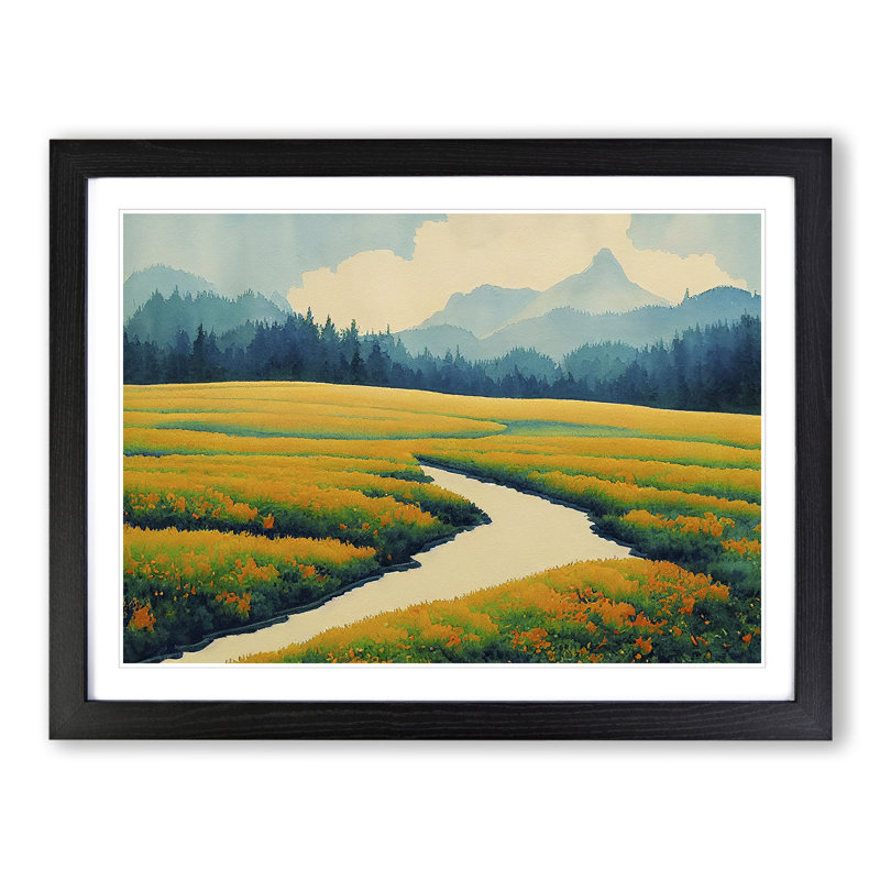 Carefree Spring Meadow Landscape - Single Picture Frame Print, 25cm H x 34cm W x 2cm D, Black Framed