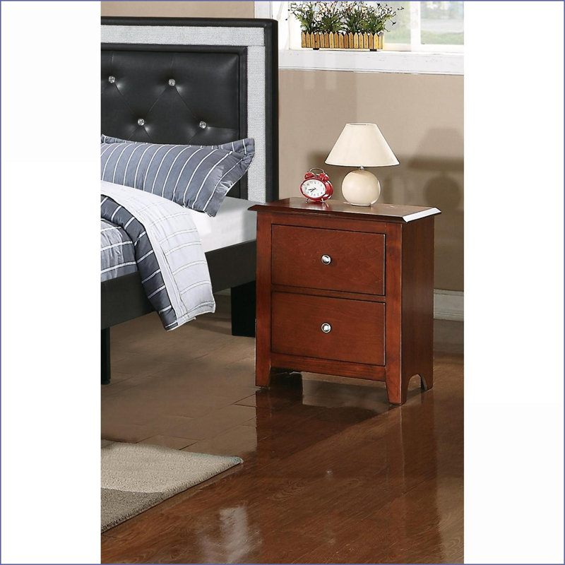 Modern Cherry Wooden 2-Drawer Nightstand - Bedroom Side Table, Red