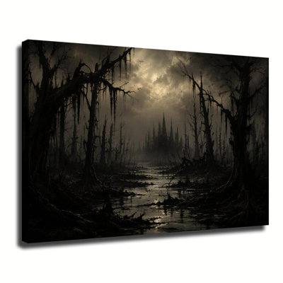 Foggy Dark Swamp Forest With Twisted Mossy Trees And Dim Cloudy Sky, Spooky Gothic Landscape, Halloween Canvas Wall Art Decor