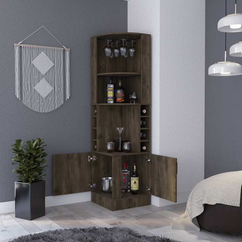Dark Brown 2-shelf Cabinet For Liquor, Accommodates Up To 8 Bottles 8 Bar Cabinet, With A Design Efficient Organization