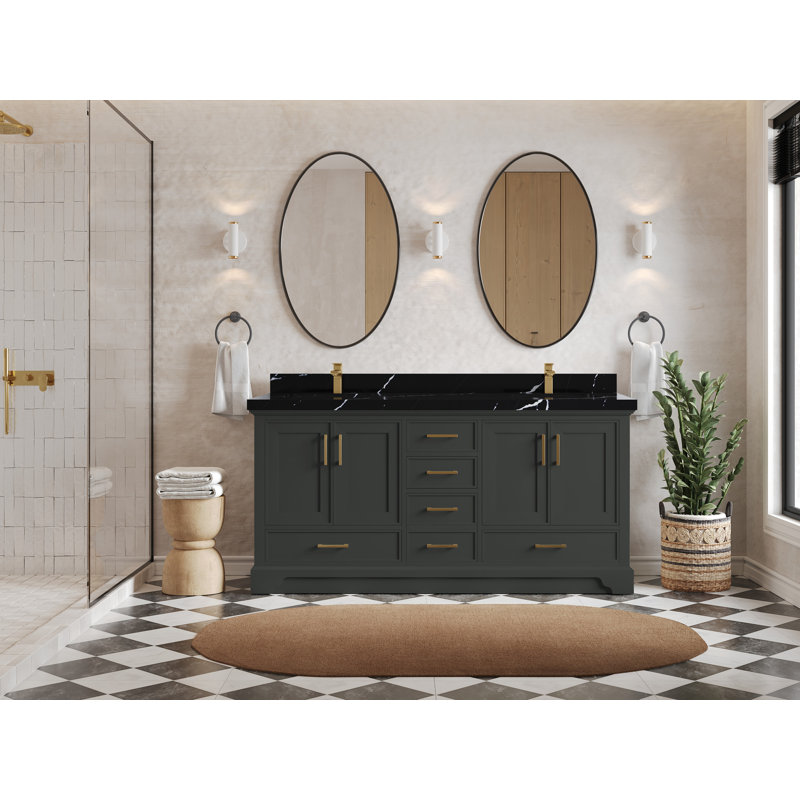 Charlotte 72" Double Sink Black Quartz Top Freestanding Vanity