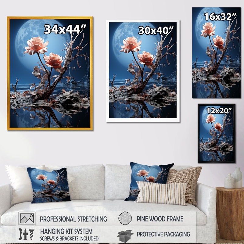 «Moonlit Flower Serenity Blooms II - Rose», art mural, Cadre simple argenté, H 32 po x l 24 po x P 1 po
