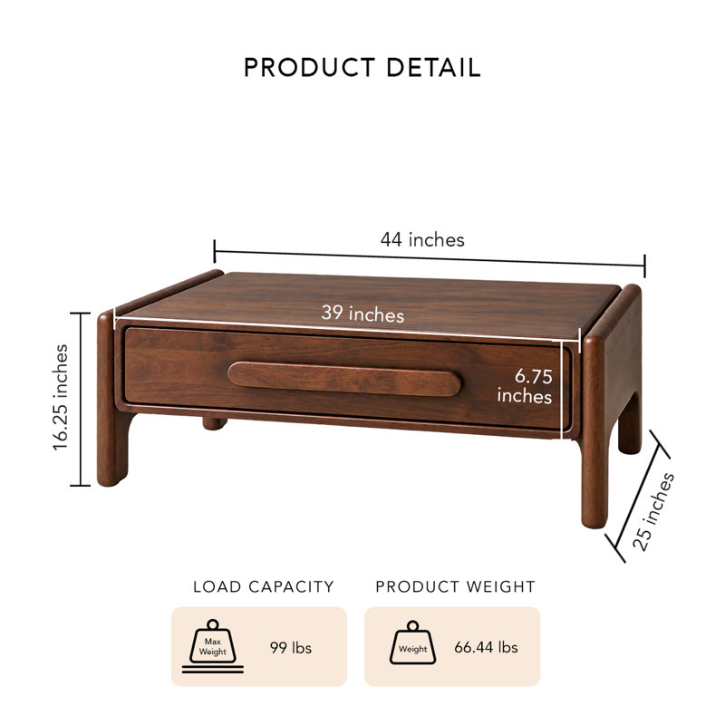 Essence Walnut Haze Solid Wood Coffee Table with Integrated Storage Drawer