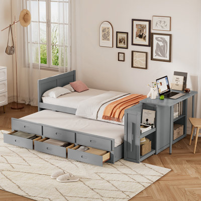 Lit plateforme simple en bois multifonctionnel avec bureau et tablette de rangement au bout du lit, lit gigogne intégré et 3 tiroirs