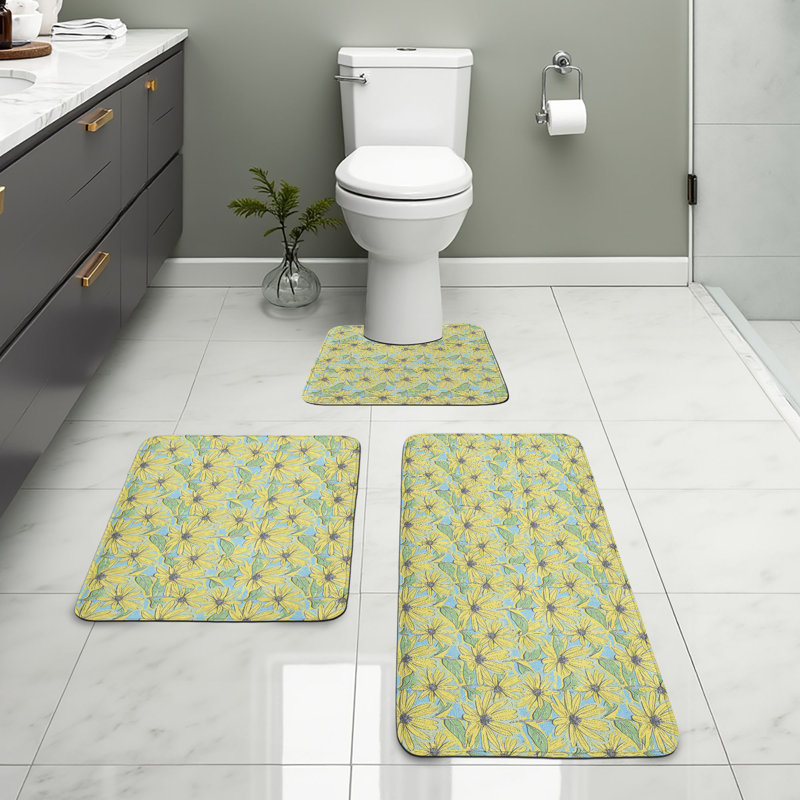  Floral Bathroom Rug Set 3 Pieces U-Shape & Rectangle Mats Pastel Yellow Pale Blue