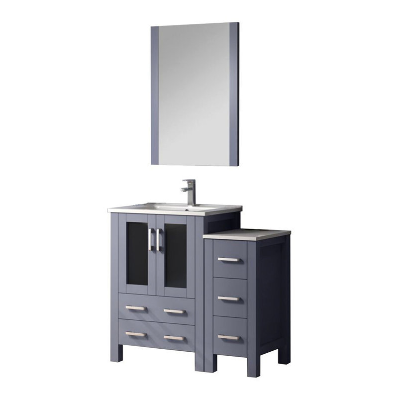 36 po W Meuble-lavabo gris foncé avec armoire latérale étroite, robinet, surface en céramique blanche et 22 unités de salle de bain à miroir suspendu - robinet, installation murale