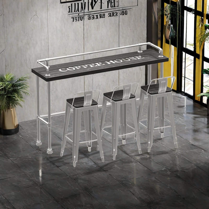 Karez Solid Wood Top Trestle Base Dining Set, 4, Silver/Black, Silver