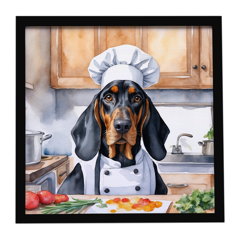 «Black and Tan Coonhound The Chef», reproduction d'art encadrée