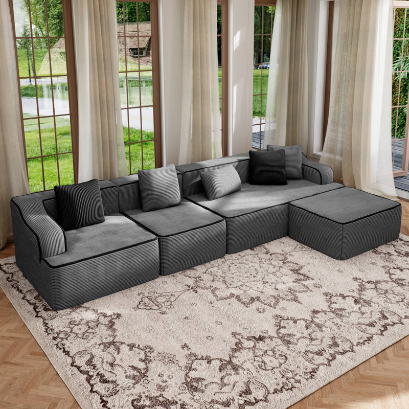 Canapé modulaire à 5 places, large canapé gris doux de 134 po de largeur, sans assemblage requis, pour le salon, Tissu gris