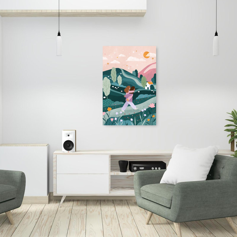 Best Friends Piggyback Ride Whimsical Abstract Contemporary Animal Landscape Wall Art Print by Bea Muller - Wrapped Canvas Print