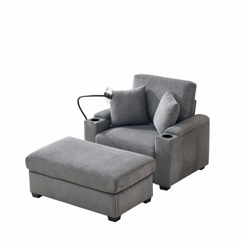 55" Oversized Reclining Sleeper Chaise Lounge Chair In Grey With , Cup Holder, Phone Stand, Charging Port And Storage For Bedroom Living Room, Lantern Velvet Upholstery Comfy Storage, Stand Port,