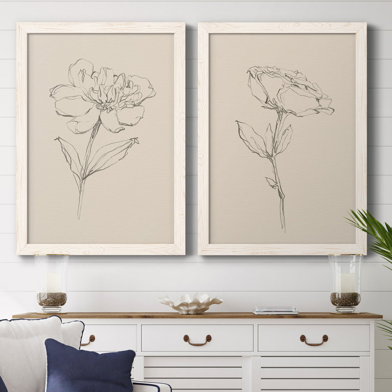 Toile encadrée de qualité supérieure Floral Contour Study III - prête à être accrochée, Toile avec cadre blanc