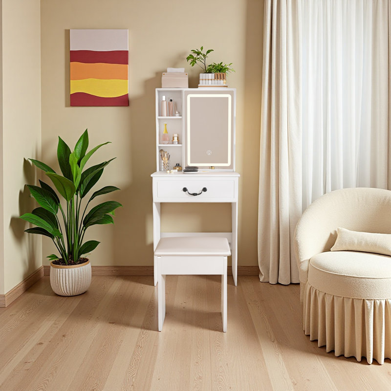 Modern Mini Dressing Table With LED-Lit Mirror & Hidden Storage,Includes Padded Stool