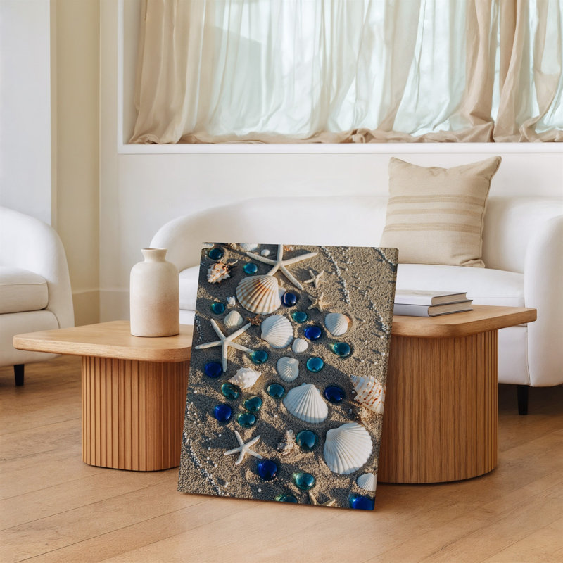 Reproduction d'art sur toile, composition à plat texturée et vibrante avec un tableau de coquillages de formes et de tailles variées