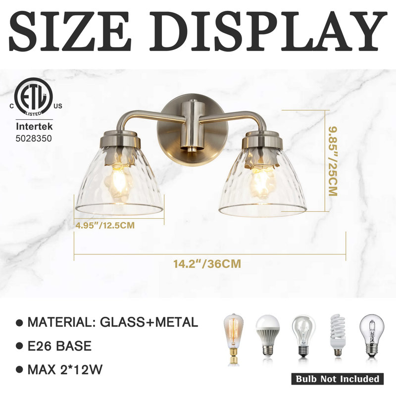 2-Light Bathroom Vanity Light, 9.85" H x 14.2" W x 7.87" D, Brushed Nickel, 2 Lights