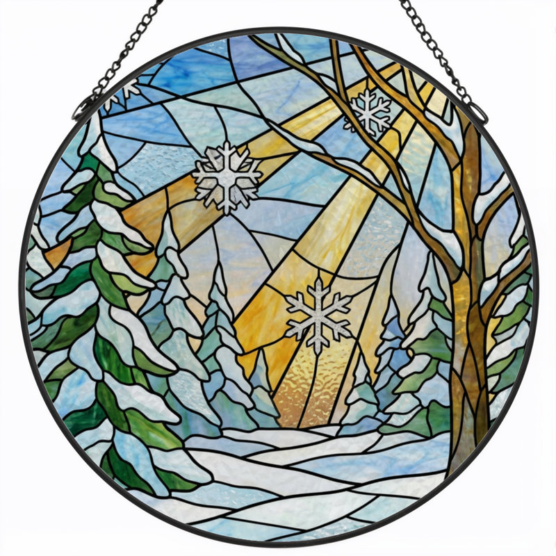 7.8"H Winter Landscape Stained Glass Window Panel, 7.8" H x 7.8" W