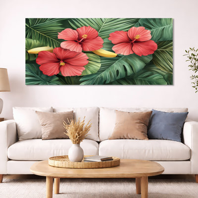 Art mural hibiscus, toile fleur tropicale, hibiscus tropical et palmiers