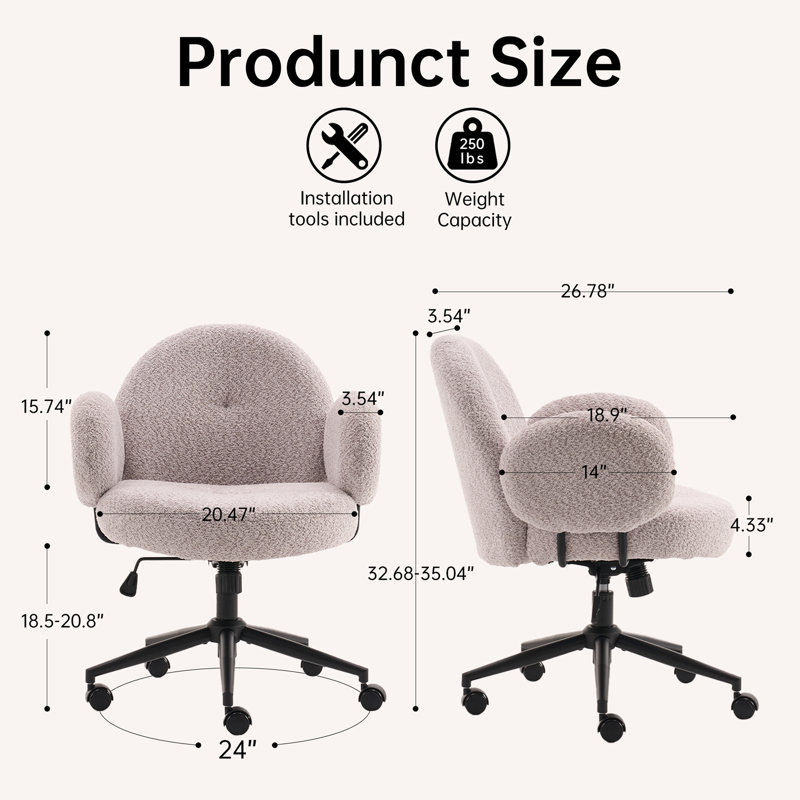 Chaise de bureau pivotante rembourrée Vinka, Gris clair
