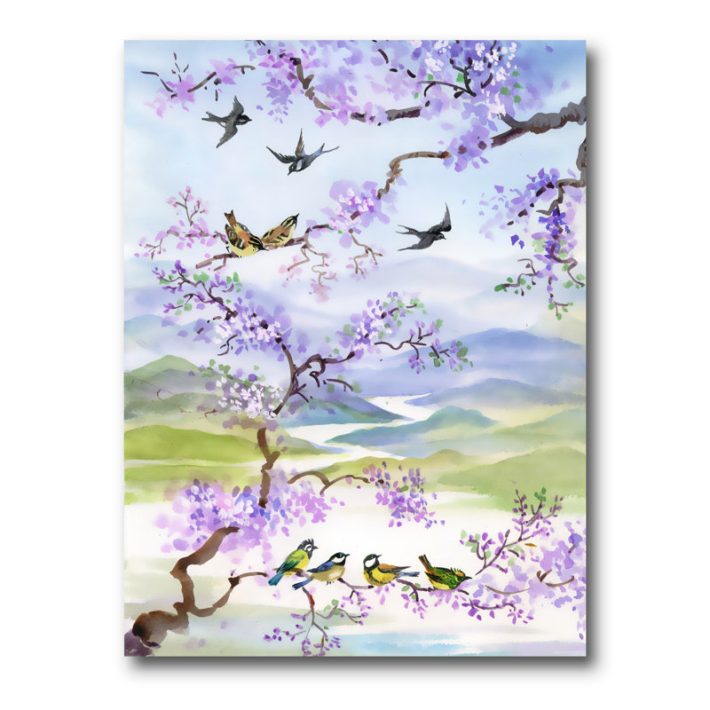 Birds on Cherry Branch - Reproduction de dessin sur toile tendue, H 20 po x l 12 po x P 1po