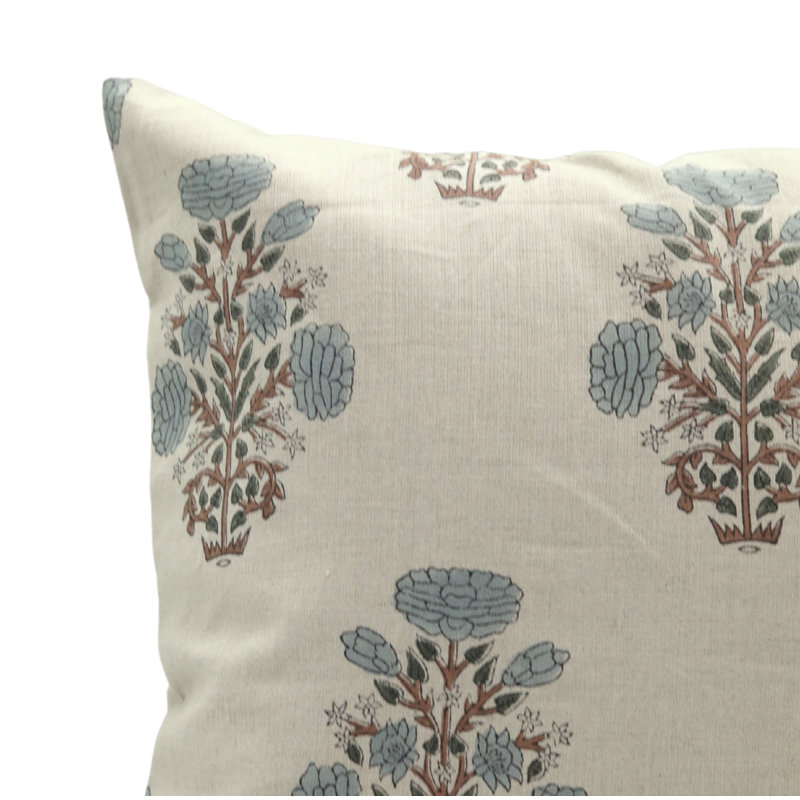Block Print Throw Pillow Cover MNHGRTLSquare, Blue Floral 1, Square 22"