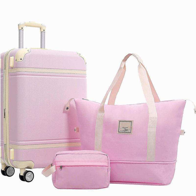 Valise à roulettes Hardshell avec sacs Valise à roulettes double avec verrou TSA, bagage rétro simple 24 po, rose clair