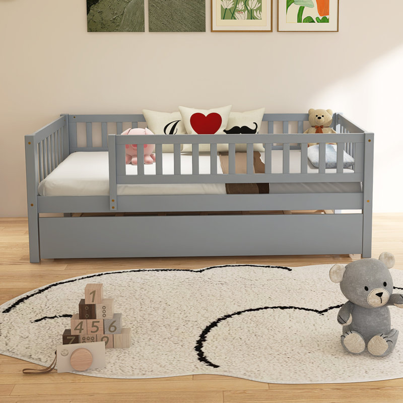 Wood Daybed With Trundle And Fence Guardrails, Gray, Twin