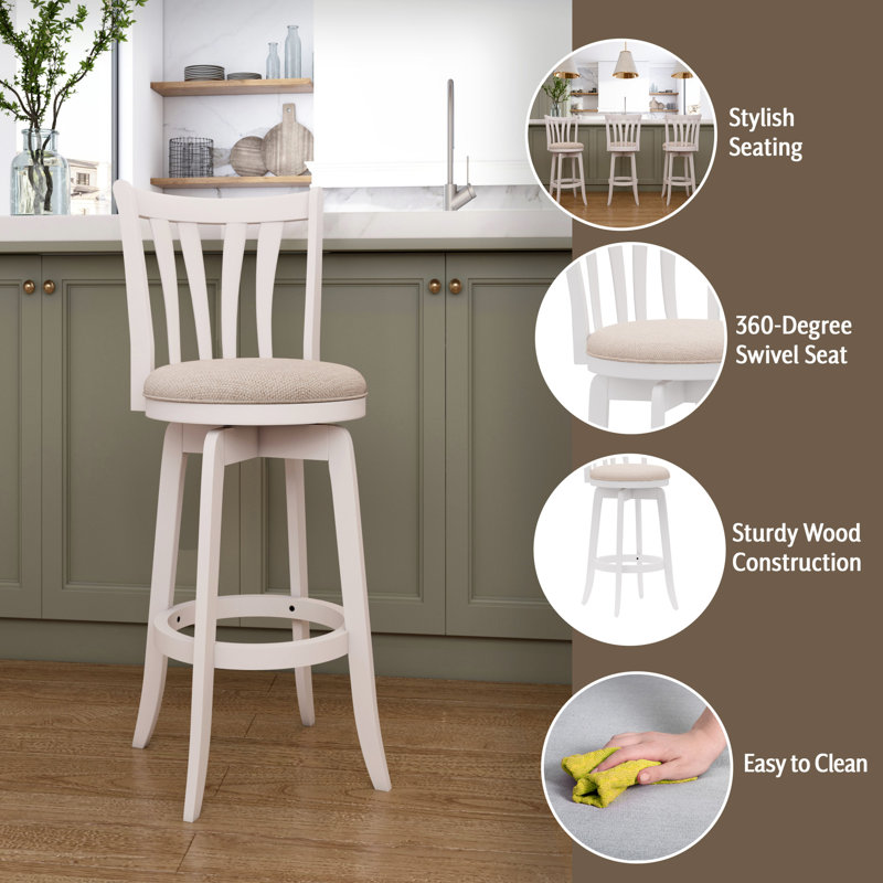 Asharn Swivel Upholstered Counter Stool, Bar Stool (29.5" Seat Height), White Polyester