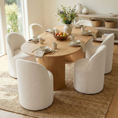 6 - Person Modern Organic Dining Table Sets With 79" Oval Dining Table & 6 Rolling Barrel Chair