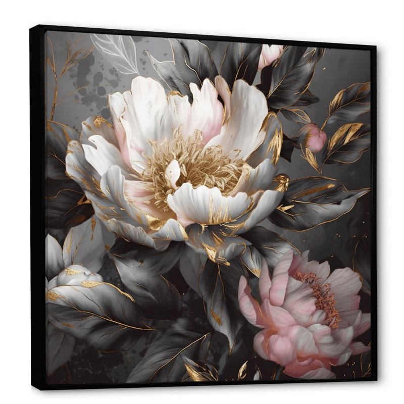Pivoines roses et grises en fleurs II - impressions de pivoines, H 30 po x l 30 po, Cadre flottant noir