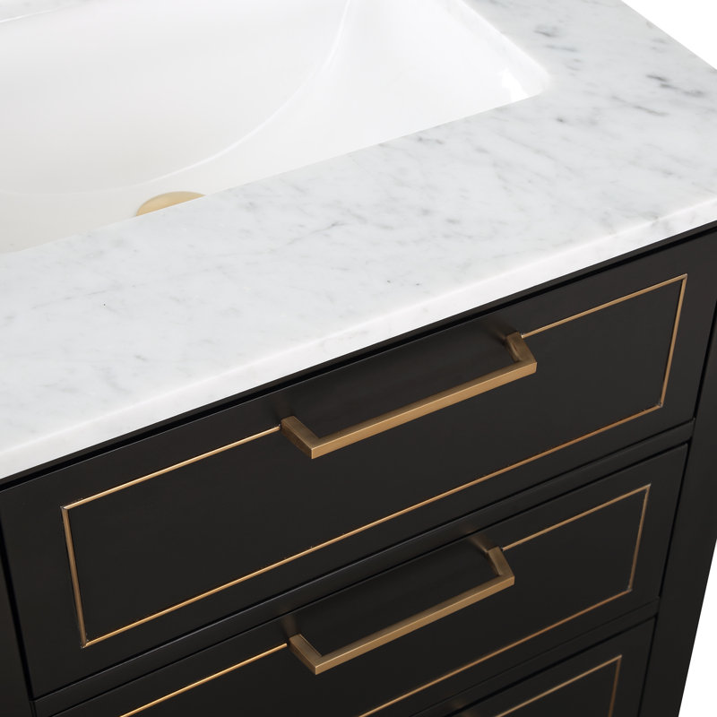 Markham 24'' W Single Vanity, Midnight Black, Carrara Marble, Satin Brass