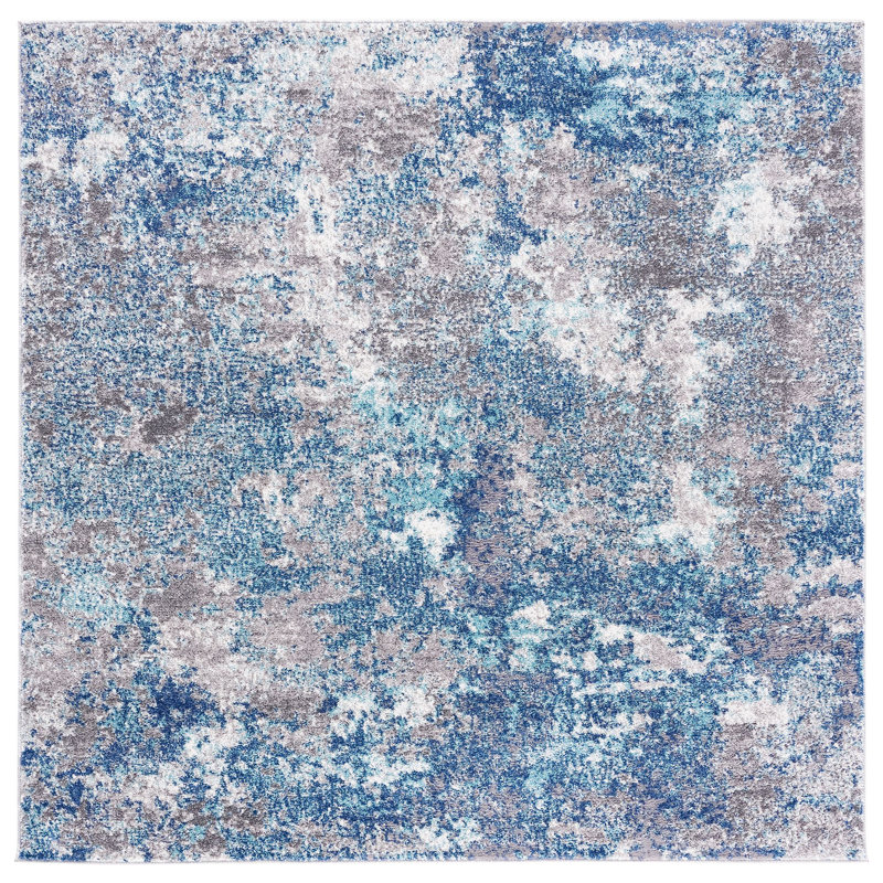 Tapis rond bleu marine / gris à motif abstrait, Carré 3 pi