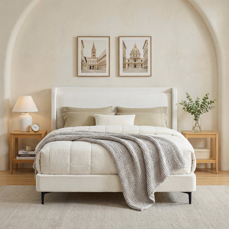Corduroy Upholstered Bed, White, Queen
