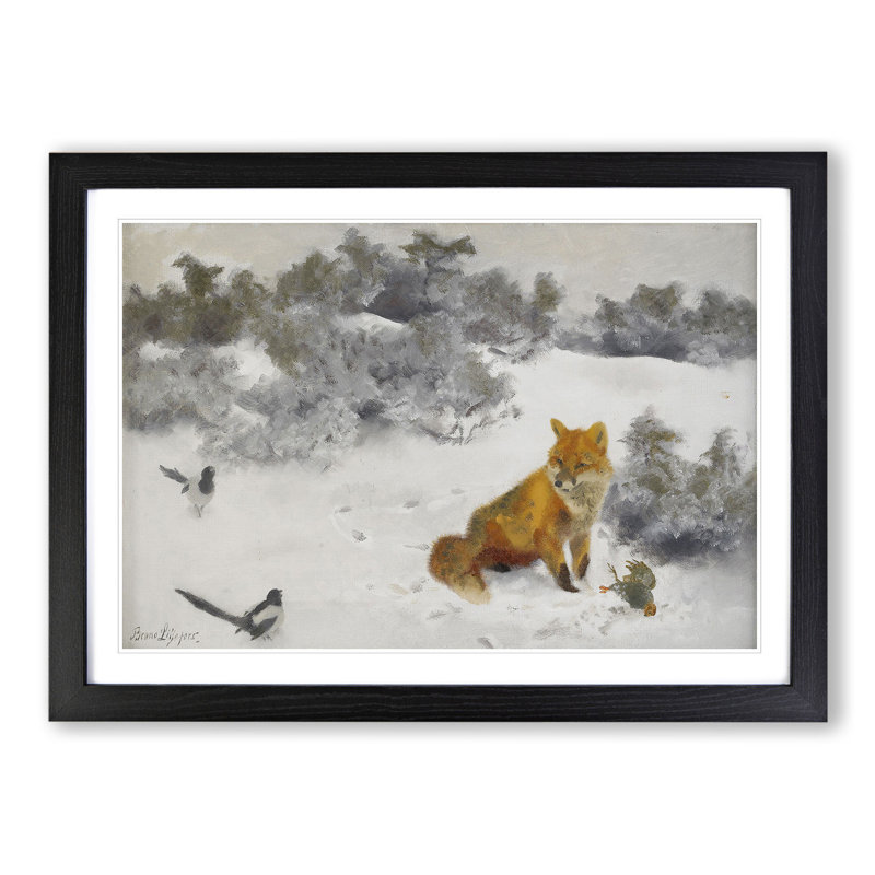 Fox and Magpies by Bruno Liljefors - Picture Frame Painting, Black Framed, 48cm H x 65cm W x 2cm D