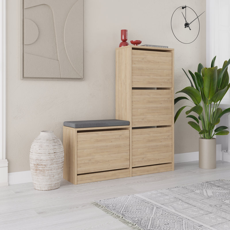 Dude Modern Bench Shoe Cabinet 4 Drop-Doors, Oak