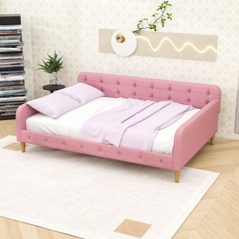 Lit de jour rembourré avec design capitonné, Rose, Grand lit