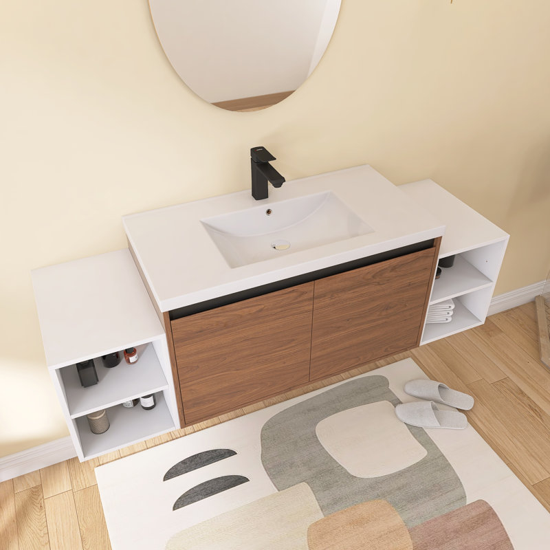 Meuble-lavabo mural Earnby 60 po avec lavabo en résine, deux tablettes de rangement ouvertes, hauteur réglable, poignée biseautée à 45°, portes à fermeture amortie, brun ébène
