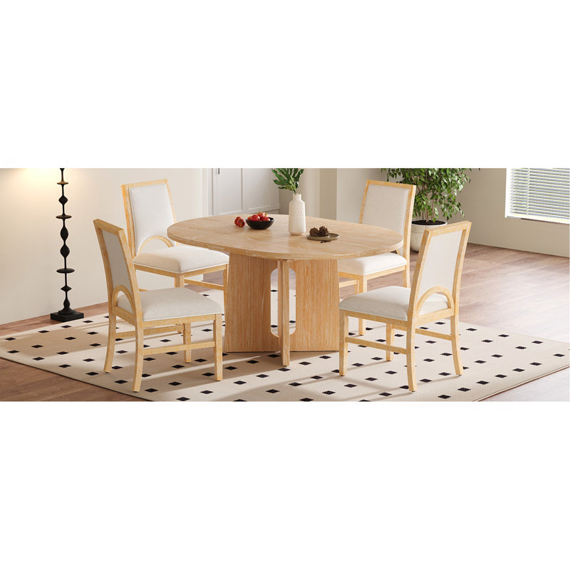 Table de salle à manger ronde en bois massif pour 4 personnes, ensemble de table de cuisine extensible avec 4 chaises rembourrées et rallonge amovible de 16 pouces pour la salle à manger, le salon, naturel et beige
