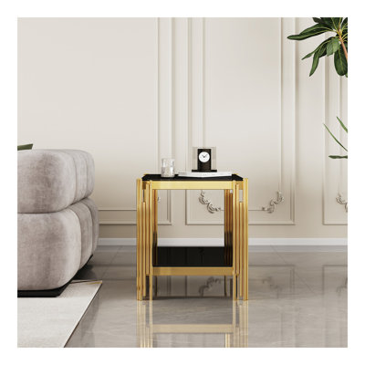 Table de bout en verre trempé à double couche supérieure et inférieure avec cadre en acier inoxydable à finition miroir