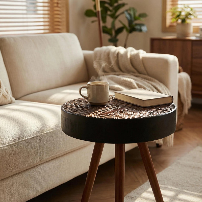 Table basse 15,7 po Mid-Century ronde en bois massif pour le salon, Noir