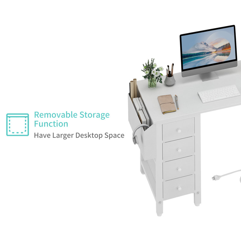 Built-in Outlets L-Shaped Computer Desk with Drawers & Storage Shelves, 29.5" H x 47.2" W x 26.8" D, White