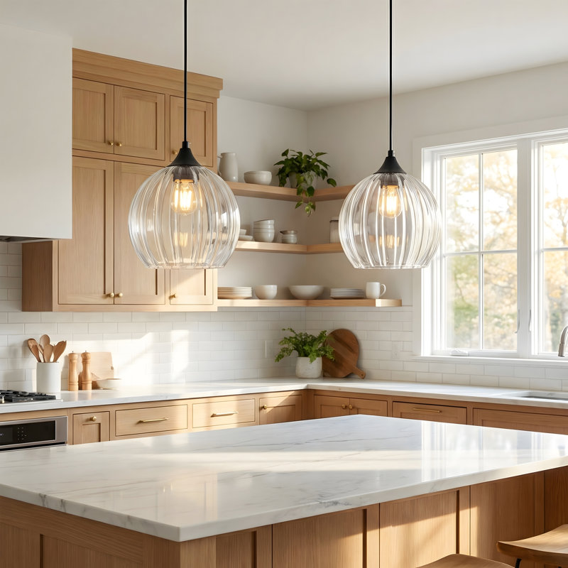 Luminaire suspendu sphérique en verre 2 lumières à hauteur réglable pour îlot de cuisine, Transparent, Noir mat, Paquet de 2