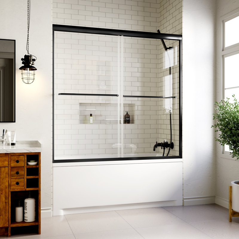 56" - 60" W x 58" H Double Sliding Semi-Frameless Tub Door with 1/4" (6mm) Clear Tempered Glass, Matte Black