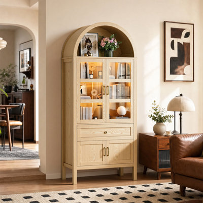 Bibliothèque de 71 po de haut avec armoire de rangement arquée en bois et tablettes réglables avec lumières DEL