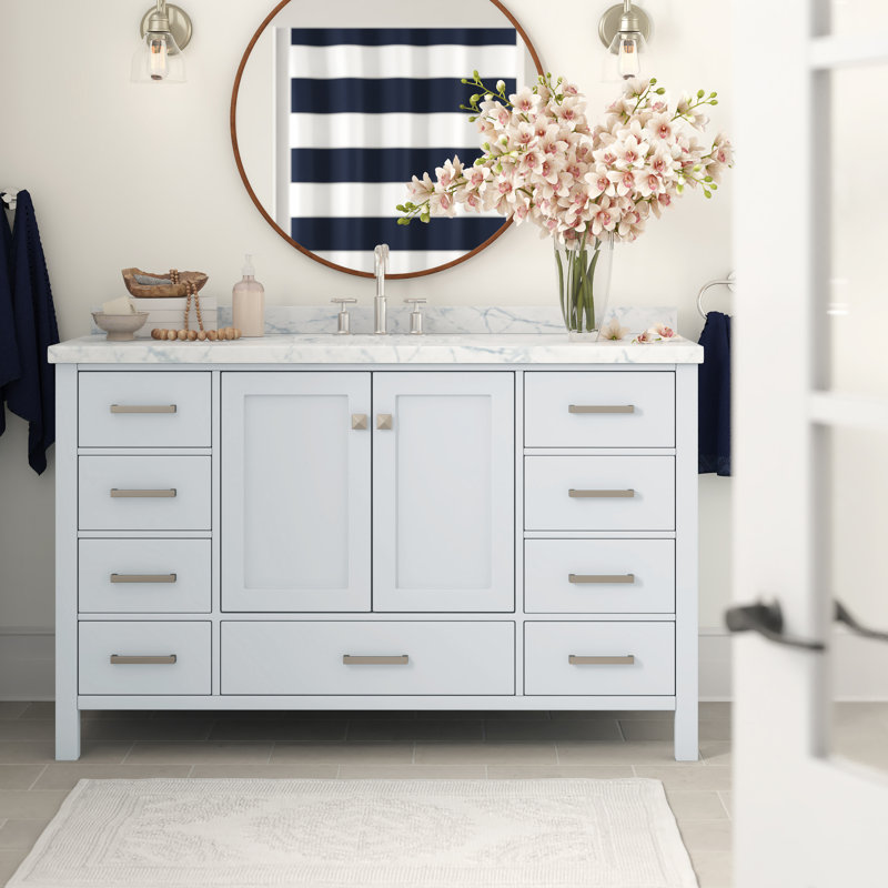 Cambridge 55'' Single Bathroom Vanity with Top, White / Brushed Nickel, Rectangular