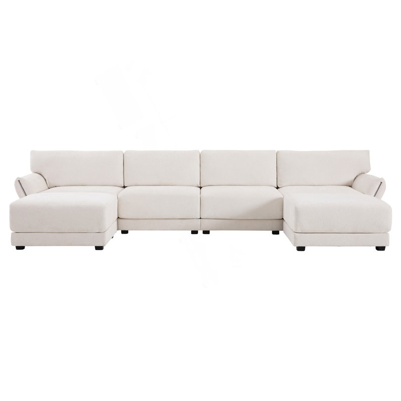 Modular Sectional Sofa, U-Shape with Extra-Wide Seat Cushion, USB and Type-C Charger, Petal Armrest Design, High Density Foam, Free Movement Ottoman, Wood Frame, Chenille, 6 Seat
