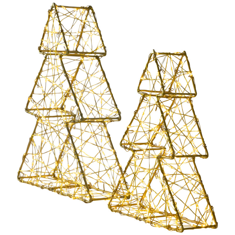 LED Lighted Wire Christmas Tree Decorations - 14" - White - Set Of 2, Gold