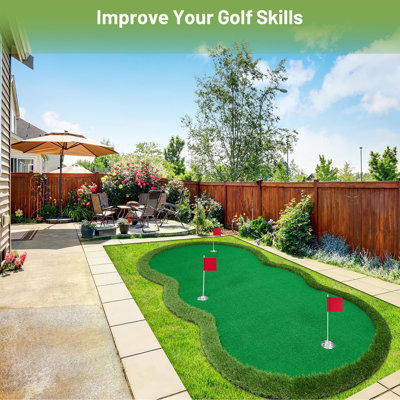 Golf Putting Mat 5x10ft Large Practice Green with Realistic Turf & 3 Metal Cups, Training Mat For Indoor Outdoor Use