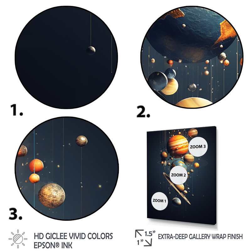 Art mural bleu et orange, planète Odyssey IV, H 32 po x l 16 po x P 1 po, Cadre flottant doré